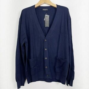 Kallspin Men’s Wool‎ Navy Buttoned Cardigan Sweater  V-neck and Long Sleeves XXL
